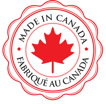 A red and white, round seal with a red Canadian maple leaf in the centre, surrounded by the words 'MADE IN CANADA' in black lettering.