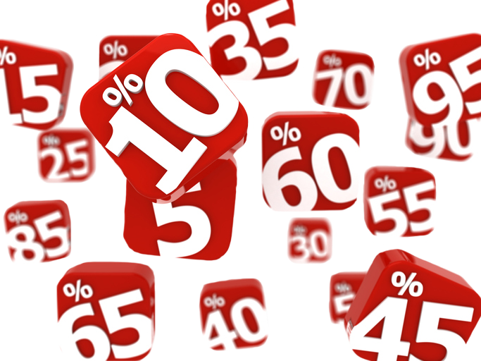 A random array of 17 red blocks with white lettering showing a different discount percentage on each block, ranging from 5 percent to 95%.