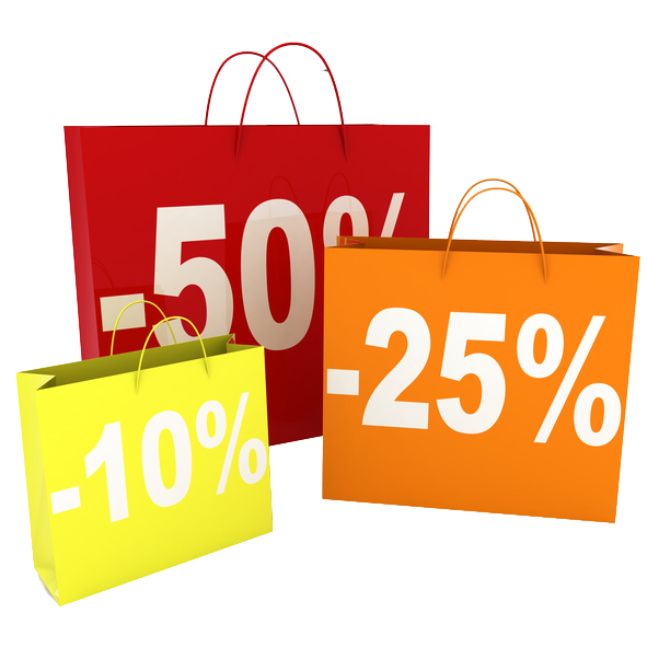Three shopping bags: a yellow one that displays 'minus 10%' written on the front, an orange one with 'minus 25%' and a red one showing 'minus 50%'.