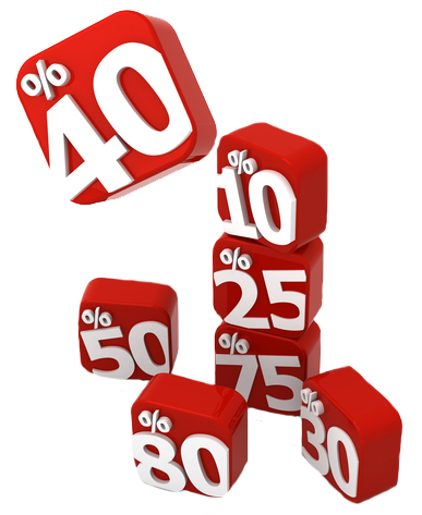 Seven red blocks, stacked randomly. Each has a different discount percentage on the front, in white lettering, ranging from 10 percent to 80 percent.